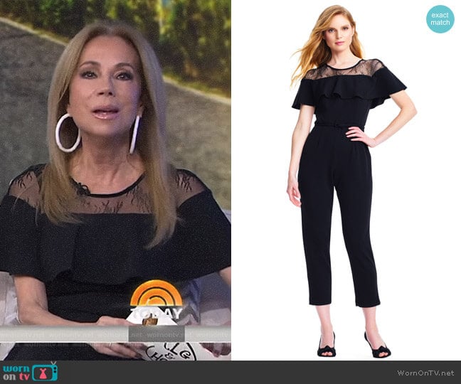 Adrianna Papell Short Sleeve Jumpsuit with Flounce Illusion Neckline worn by Kathie Lee Gifford on Today