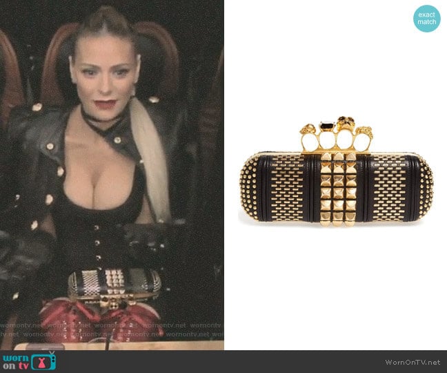 Alexander McQueen Knuckle Clasp Graphic Studded Box Clutch worn by Dorit Kemsley on The Real Housewives of Beverly Hills