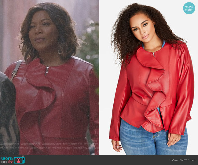 Ashley Stewart Ruffle Front Faux Leather Jacket worn by Carlotta Brown (Queen Latifah) on Star