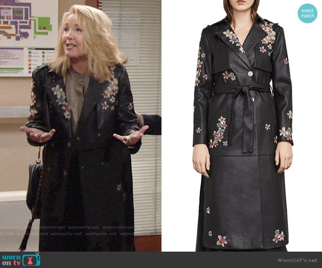 Bcbgmaxazria Alix Embroidered Faux Leather Trench Coat worn by Nikki Reed Newman (Melody Thomas-Scott) on The Young and the Restless