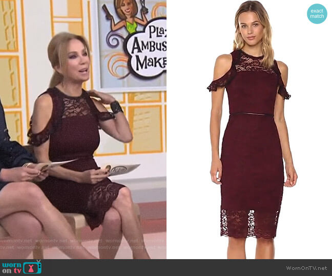 Bebe Ruffle Cold Shoulder Lace Midi Dress with Peakaboo Hem worn by Kathie Lee Gifford on Today