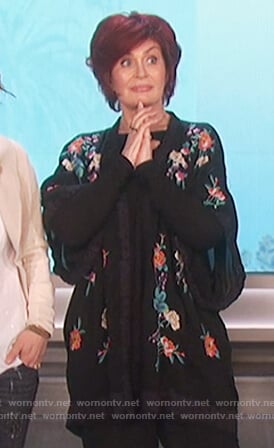Sharon’s black floral embroidered kimono top on The Talk