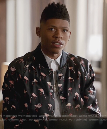 Hakeem’s black flamingo print bomber jacket on Empire