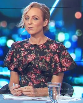 Carrie’s black floral print ruffle dress on The Project
