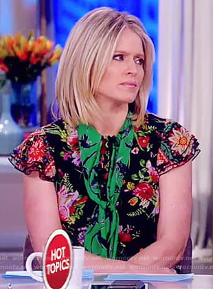 Sara’s black floral print tie neck dress on The View