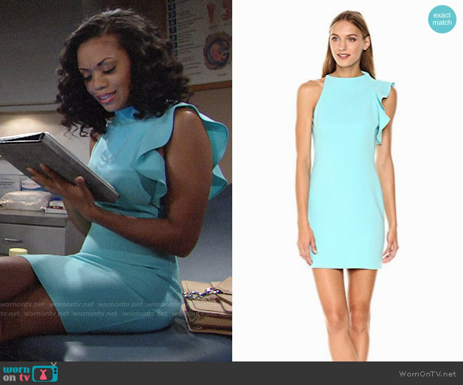 Black Halo Pabla Dress in Atlantic Aqua worn by Hilary Curtis (Mishael Morgan) on The Young and the Restless