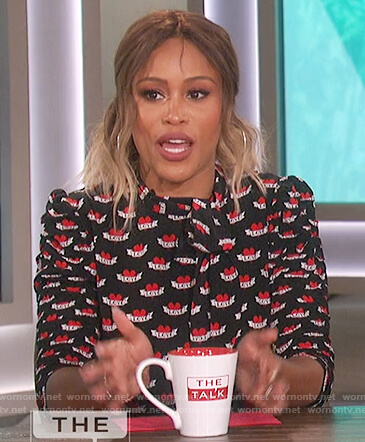 Eve’s black neck tie print dress on The Talk