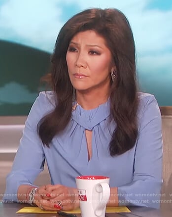 Julie’s blue knotted neckline blouse on The Talk