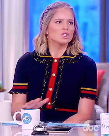 Sara’s navy pearl embellished dress on The View