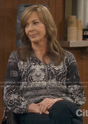 Bonnie’s black stamp print top on Mom