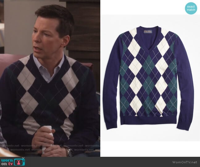 Brooks Brothers Cashmere Argyle V-Neck Sweater worn by Jack McFarland (Sean Hayes) on Will and Grace