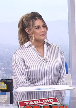 Carissa’s white satin striped shirt on E! News Daily Pop
