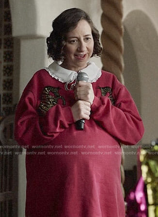 Carol’s pink sweater dress with sequin zebras on Last Man on Earth