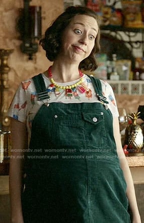 Carol’s popsicle print tee and green corduroy dress on Last Man on Earth