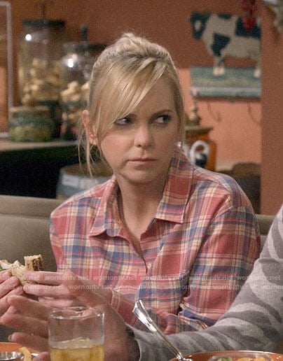 Christy’s coral plaid shirt on Mom