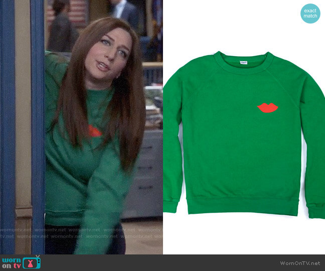 Clare V Sweatshirt in Green w/ Red Lips worn by Gina Linetti (Chelsea Peretti) on Brooklyn Nine-Nine