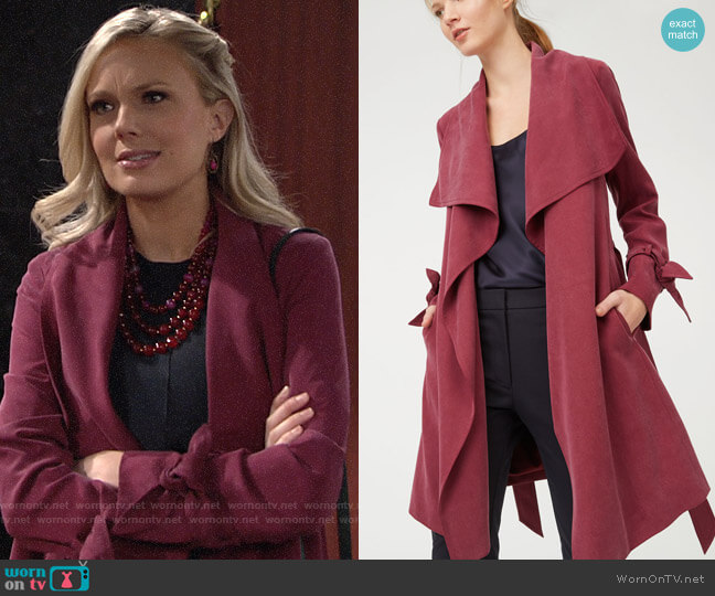 Club Monaco Ellayne Trench in Pomegranate worn by Abby Newman (Melissa Ordway) on The Young and the Restless