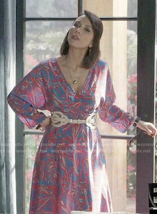 Deann’s red and blue floral dress on The Arrangement