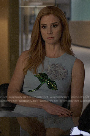 Donna’s blue dress with embellished flower on Suits