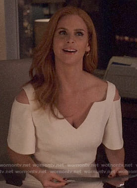 Donna’s white cold shoulder dress on Suits
