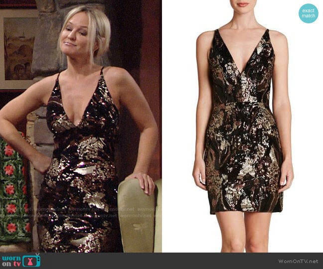 Dress the Population Jordyn Dress in Black Bronze worn by Sharon Newman (Sharon Case) on The Young and the Restless