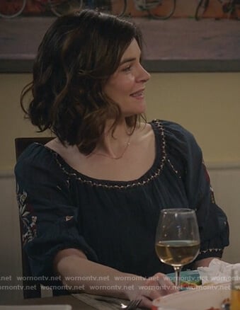Heather’s blue floral embroidered peasant dress on Life in Pieces