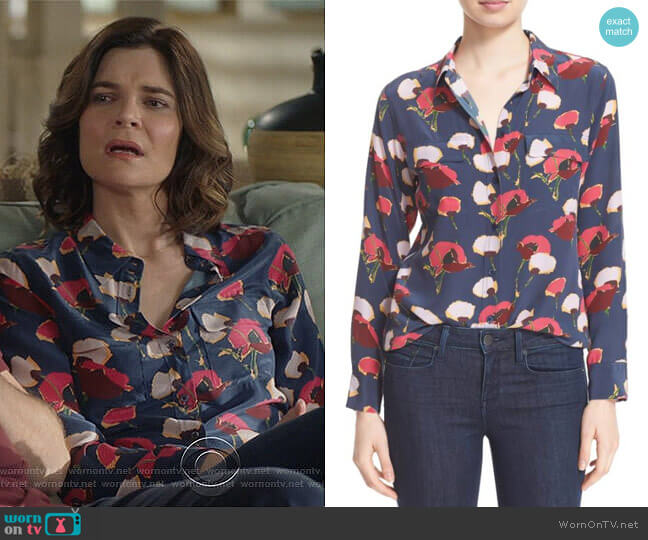 Equipment Slim Signature Floral Blouse in Peacoat worn by Heather Hughes (Betsy Brandt) on Life in Pieces