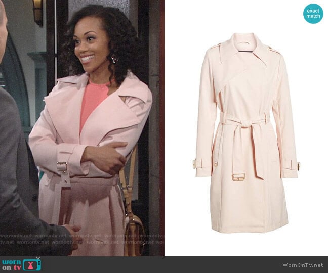 French Connection Flowy Belted Trench Coat in Blush worn by Hilary Curtis (Mishael Morgan) on The Young and the Restless