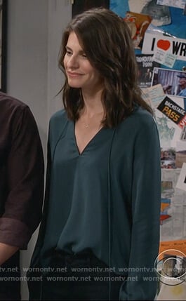 Leslie’s green tie neck blouse on Living Biblically