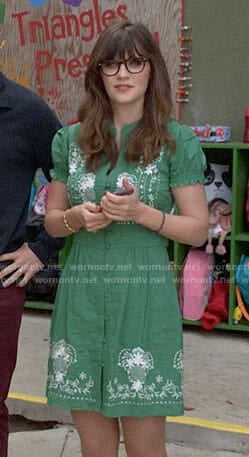 Jess’s green embroidered dress on New Girl