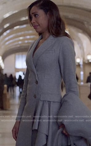 Jessica’s grey ruffled coat on Suits