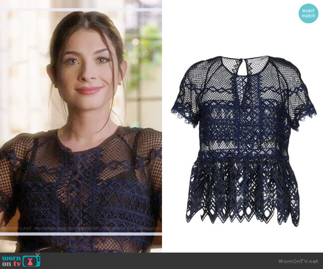 Jonathan Simkhai Guipure Blouse worn by Alexis Gleen (Niki Koss) on Famous in Love