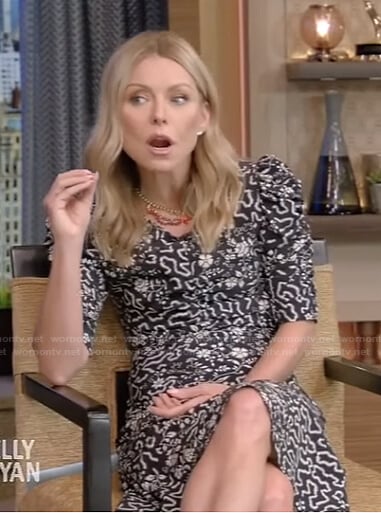 Kelly’s black floral ruched sleeve dress on Live with Kelly and Mark