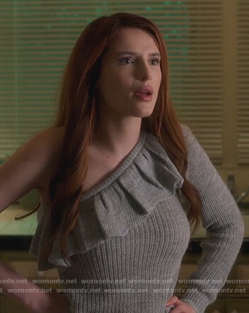 Paige’s gray one sleeve ruffle sweater on Famous in Love
