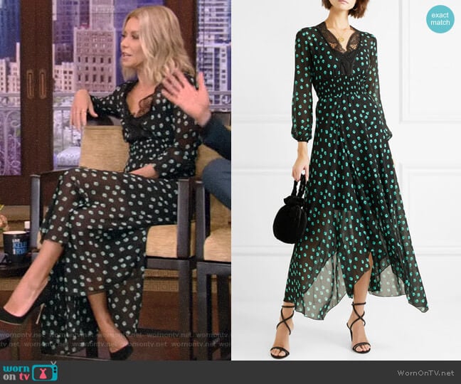 Maje Asymmetric Lace-Trimmed Printed Chiffon Dress worn by Kelly Ripa on Live with Kelly and Mark