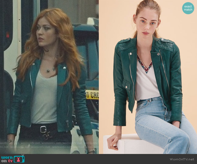 Maje Bassou Leather Jacket worn by Clary Fray (Katherine McNamara) on Shadowhunters