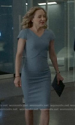 Marissa’s light blue v-neck sheath dress on Bull