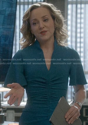 Marissa’s teal ruched front dress on Bull