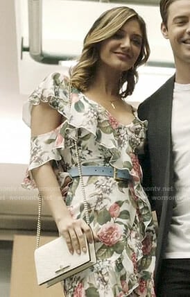 Megan’s floral ruffled wrap dress on The Arrangement