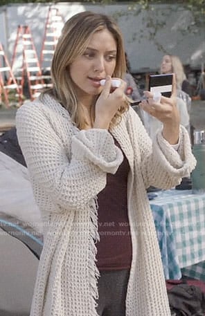 Megan’s fringed cardigan on The Arrangement