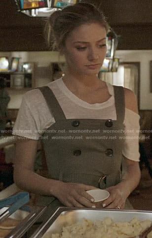 Megan’s green double breasted top with ripped t-shirt on The Arrangement