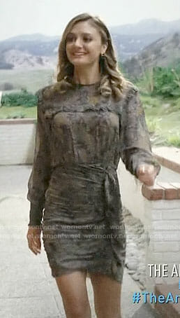 Megan’s grey printed dress with ruffles on The Arrangement