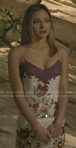 Megan’s floral gown with purple lace on The Arrangement