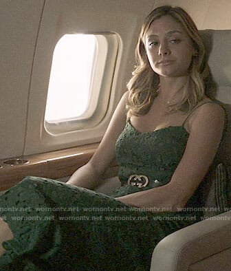 Megan’s green lace jumpsuit on The Arrangement