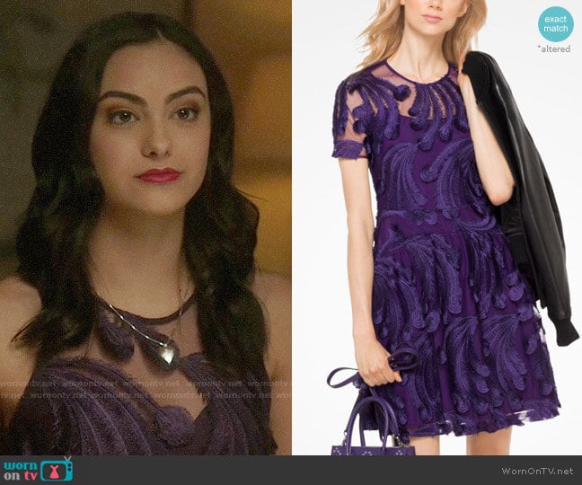 MICHAEL Michael Kors Feather-Embroidered Dress in Iris worn by Veronica Lodge (Camila Mendes) on Riverdale