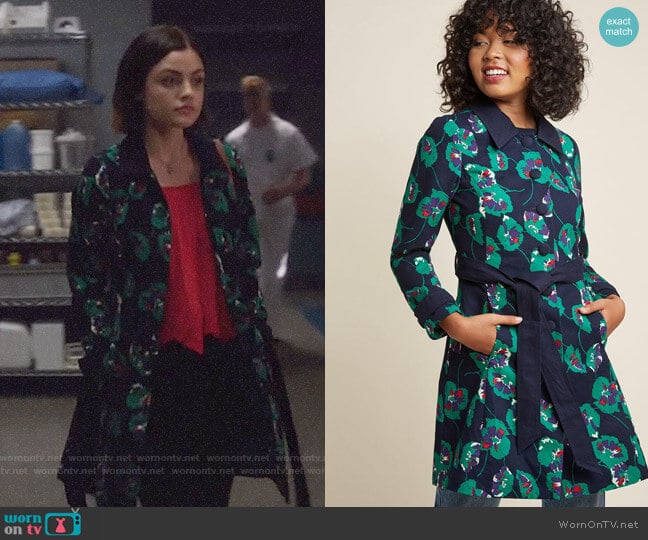 Delightful Direction Floral Coat in Navy from Modcloth worn by Stella Abbott (Lucy Hale) on Life Sentence