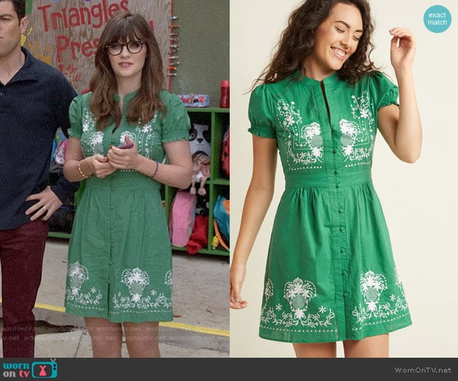 Modcloth Needlework it Out A-Line Dress in Green worn by Jessica Day (Zooey Deschanel) on New Girl