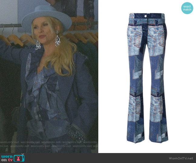 Moschino Denim Patchwork Flares worn by Alexis Carrington (Elaine Hendrix) on Dynasty