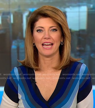 Norah’s white and blue striped wrap dress on CBS This Morning