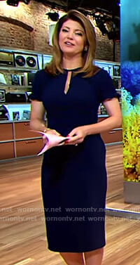 Norah’s navy keyhole dress with ruffled short sleeves on CBS This Morning